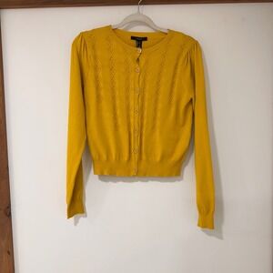 Forever 21 Pointelle Knit Cardigan Womens S Mustard Yellow Diamond Cottagecore
